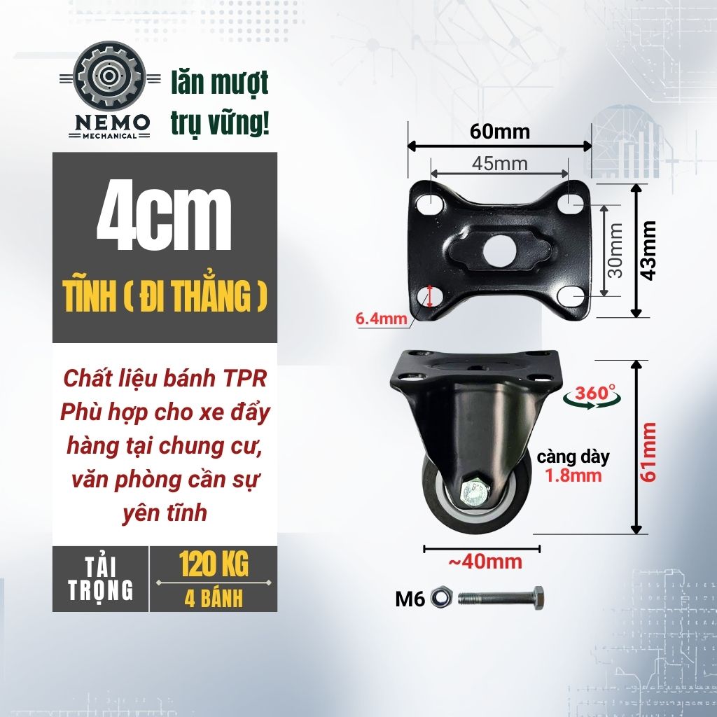 Bánh Xe TPR Chống Ồn Tải Cao – Càng Thép Sơn Tĩnh Điện Đen (D40, D50)